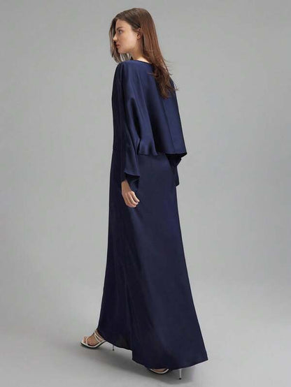 Ontre 2 Pieces Set: Blue Off-Shoulder Loose Top And Satin Split Hem Skirt, Elegant Simple Style Suitable For Everyday Wear, Bridesmaid Dress, Spring/Summer