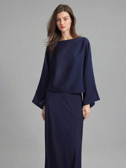 Ontre 2 Pieces Set: Blue Off-Shoulder Loose Top And Satin Split Hem Skirt, Elegant Simple Style Suitable For Everyday Wear, Bridesmaid Dress, Spring/Summer