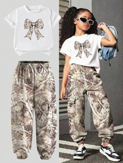 2pcs/Set Casual Fashionable Bow & Camouflage Print Top And Jogger Pants Set For Girls  Pants And Top Set