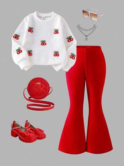 2pcs Girls' Cherry Print Rib Knit Long Sleeve Top And Flare Pants Suit, Comfortable Casual Outfit For Autumn, Girls(Small),,Back To School Clothes,Homecoming Set Cherry Outfit Red Girl Outfit Red Kid Outfit Red Tween Outfit Teen Strawberry Outfit