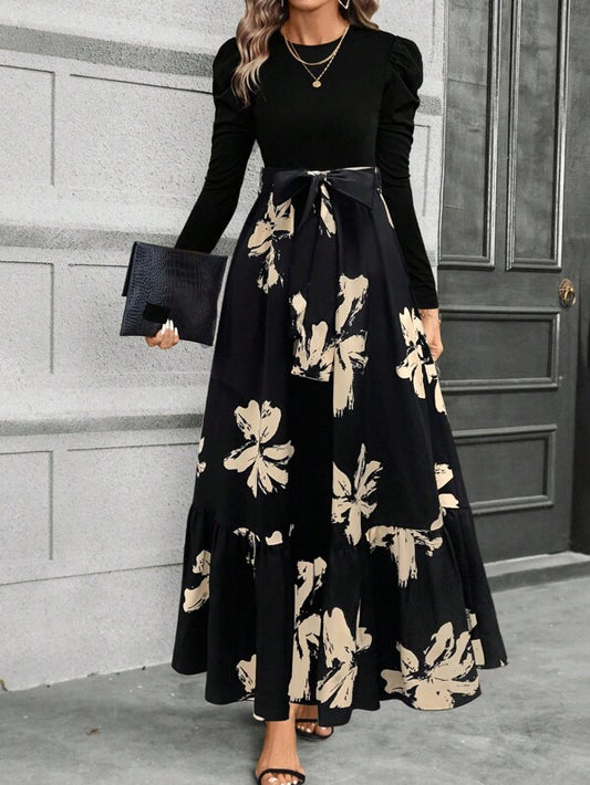 Calvaya Floral Print Puff Sleeve Belted Dress Maxi Women Outfit