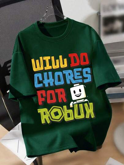 Tween Boys Casual Minimalist Colorful Letter Slogan & Robot Graphic Round Neck Short Sleeve T-Shirt, Spring/Summer New Arrival