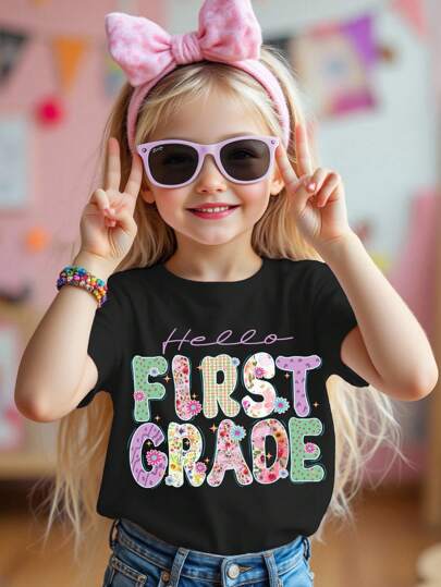 SHEIN Young Girl Casual Pattern Short Sleeve T-Shirt, Suitable For Summer