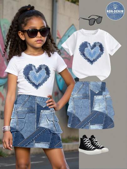 Tween Girl Casual Heart Graphic Short Sleeve Round Neck T-Shirt Paired With Cargo Skirt Set, Suitable For Summer 2pc Set Girls Teen Girl Clothes Kids Skirt And T-Shirt Set