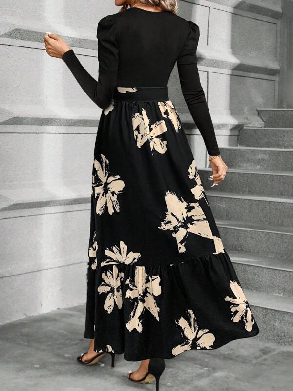 Calvaya Floral Print Puff Sleeve Belted Dress Maxi Women Outfit