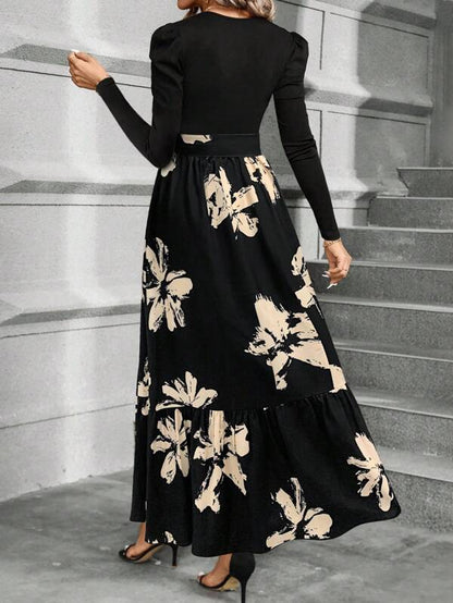 Calvaya Floral Print Puff Sleeve Belted Dress Maxi Women Outfit