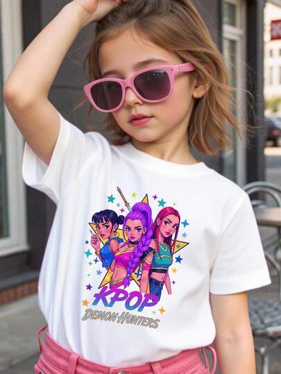 Young Girl's/Boy's "KPOP Demon Hunters Cotton Graphic Tees, Back To School Clothes Girls, Black Summer Shirts With Colorful Cartoon Design, Gifts For First Day Of School, Round Neck Short Sleeve T-Shirt, , Fun, Fashion" Kids Clothes Girl's/Boy's