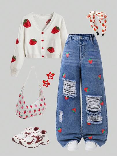 Sweetra Young Tween Girls Dark Wash Blue Distressed Strawberry Print Wide Leg Jeans Strawberry Clothes Strawberry Jeans Aesthetic Clothes For Girls Denim Skirt Set Brunch Outfits For Teens,Y2K Style Summer Holiday