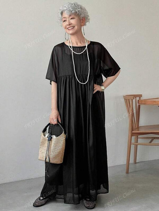 FRIFUL Women's Solid Color Round Neck Short Sleeve Casual Mid-Length Summer Dress, Suitable For Vacation And Music Festival