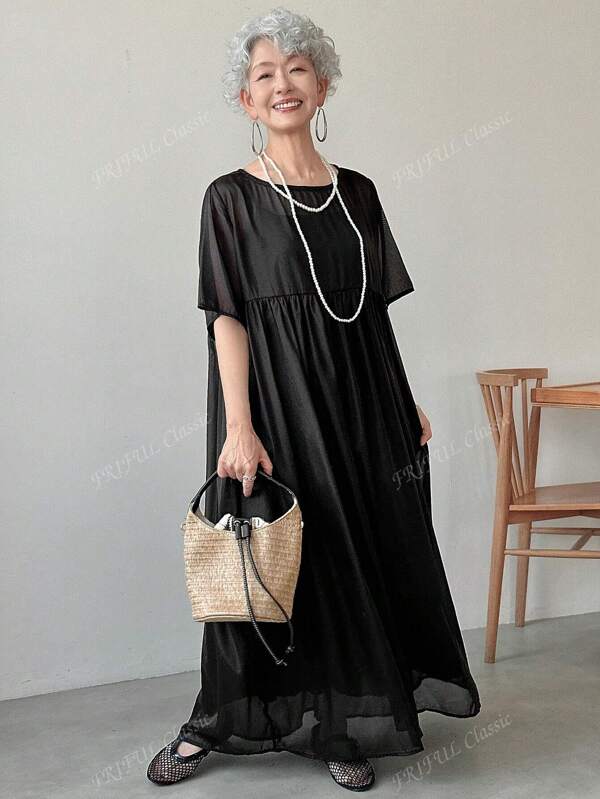 FRIFUL Women's Solid Color Round Neck Short Sleeve Casual Mid-Length Summer Dress, Suitable For Vacation And Music Festival