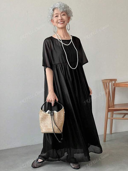 FRIFUL Women's Solid Color Round Neck Short Sleeve Casual Mid-Length Summer Dress, Suitable For Vacation And Music Festival