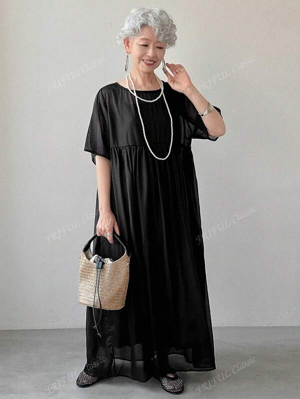 FRIFUL Women's Solid Color Round Neck Short Sleeve Casual Mid-Length Summer Dress, Suitable For Vacation And Music Festival