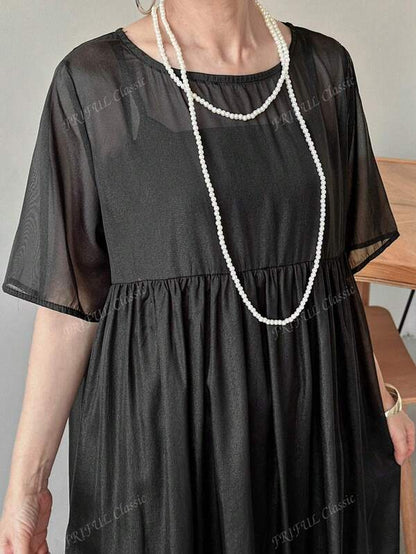 FRIFUL Women's Solid Color Round Neck Short Sleeve Casual Mid-Length Summer Dress, Suitable For Vacation And Music Festival