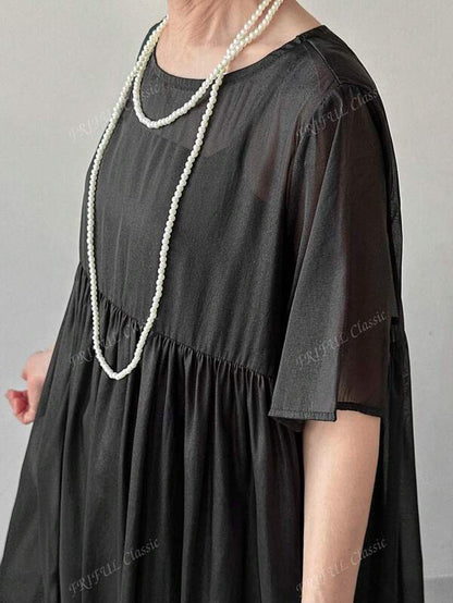 FRIFUL Women's Solid Color Round Neck Short Sleeve Casual Mid-Length Summer Dress, Suitable For Vacation And Music Festival