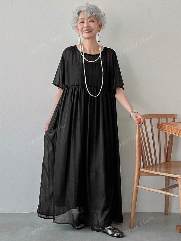 FRIFUL Women's Solid Color Round Neck Short Sleeve Casual Mid-Length Summer Dress, Suitable For Vacation And Music Festival