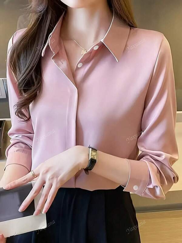 Women's Elegant Black Long Sleeve Blouse, Semi-Sheer Polyester Material With Button Details, Suitable For Spring/Summer/Autumn