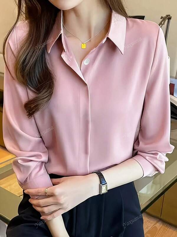 Women's Elegant Black Long Sleeve Blouse, Semi-Sheer Polyester Material With Button Details, Suitable For Spring/Summer/Autumn