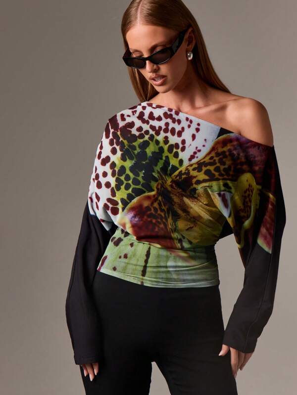AiiRZ Asymmetrical Off Shoulder Blouse With Floral Pattern Design Long Sleeve Evening Party Occasion Winter Fall Fashion Statement Top With Ruched Waist Detail,Off The Shoulder Top