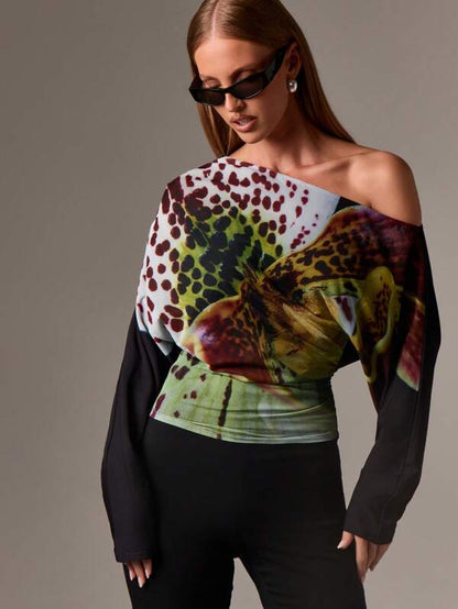 AiiRZ Asymmetrical Off Shoulder Blouse With Floral Pattern Design Long Sleeve Evening Party Occasion Winter Fall Fashion Statement Top With Ruched Waist Detail,Off The Shoulder Top