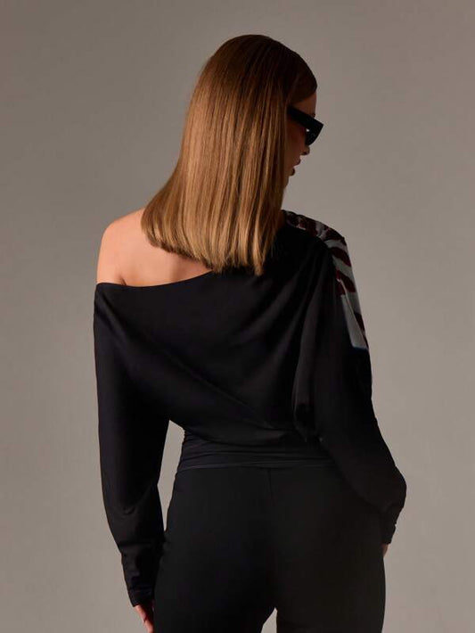 AiiRZ Asymmetrical Off Shoulder Blouse With Floral Pattern Design Long Sleeve Evening Party Occasion Winter Fall Fashion Statement Top With Ruched Waist Detail,Off The Shoulder Top