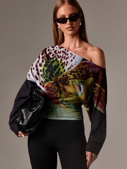 AiiRZ Asymmetrical Off Shoulder Blouse With Floral Pattern Design Long Sleeve Evening Party Occasion Winter Fall Fashion Statement Top With Ruched Waist Detail,Off The Shoulder Top