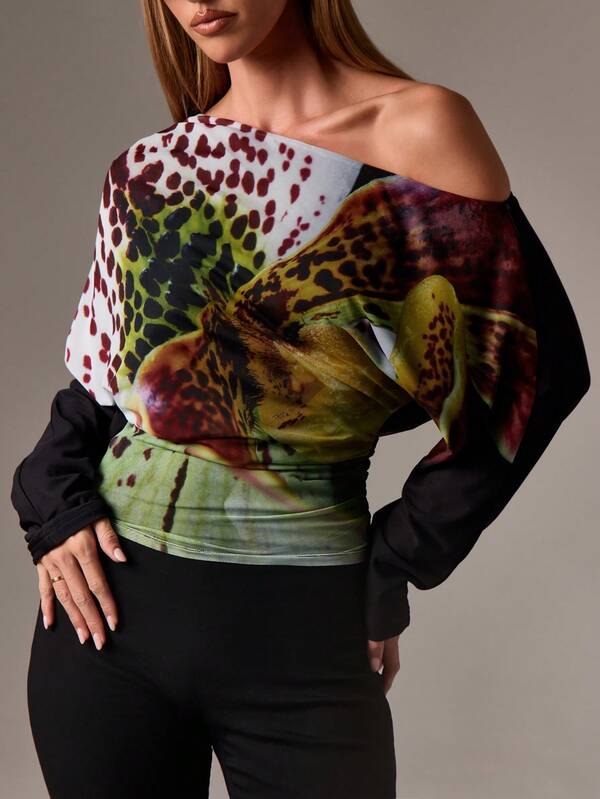 AiiRZ Asymmetrical Off Shoulder Blouse With Floral Pattern Design Long Sleeve Evening Party Occasion Winter Fall Fashion Statement Top With Ruched Waist Detail,Off The Shoulder Top
