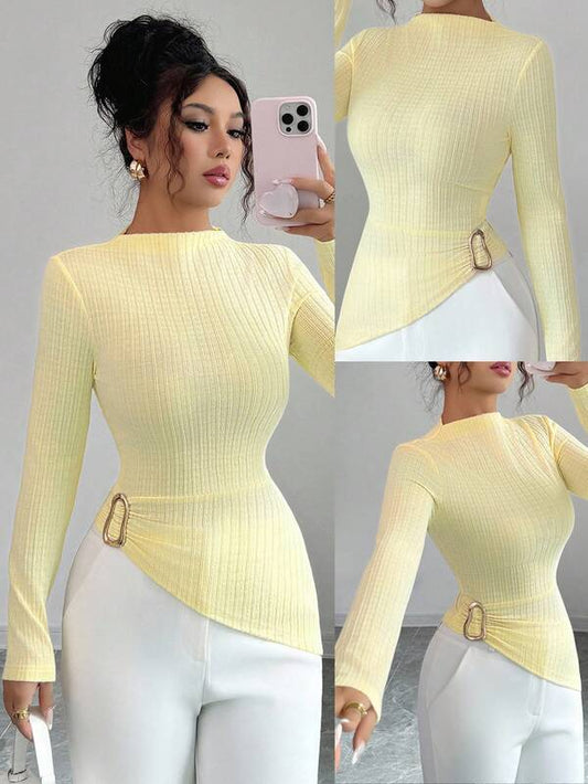 Elenzga Y2K Style Women's Buttercup Yellow Ribbed Knit High Neck Long Sleeve Ruched Fitted Pullover Top, Asymmetrical Metal Button Design, Versatile For Spring/Autumn Casual Wear And Layering Fall Cloth For Women