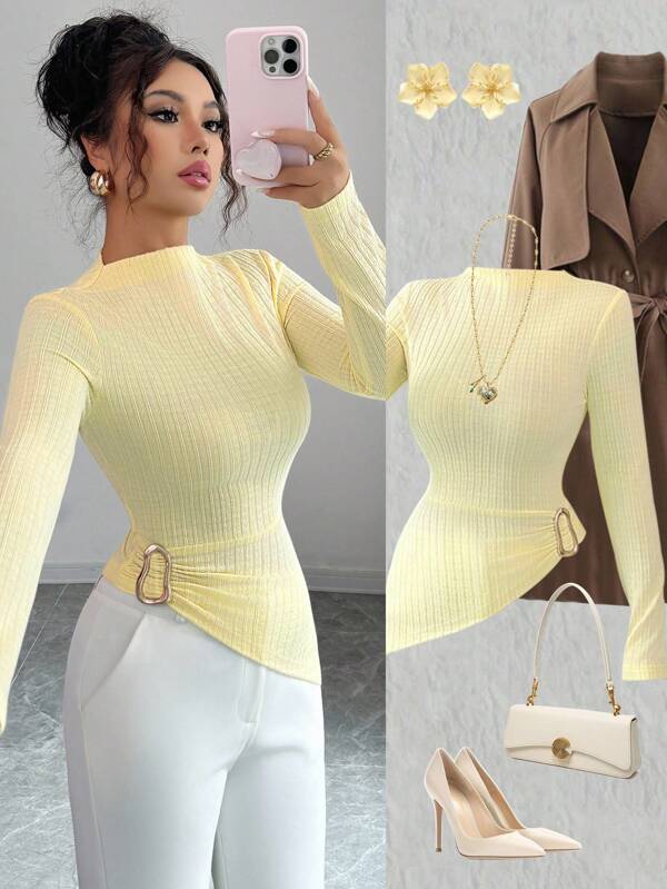 Elenzga Y2K Style Women's Buttercup Yellow Ribbed Knit High Neck Long Sleeve Ruched Fitted Pullover Top, Asymmetrical Metal Button Design, Versatile For Spring/Autumn Casual Wear And Layering Fall Cloth For Women